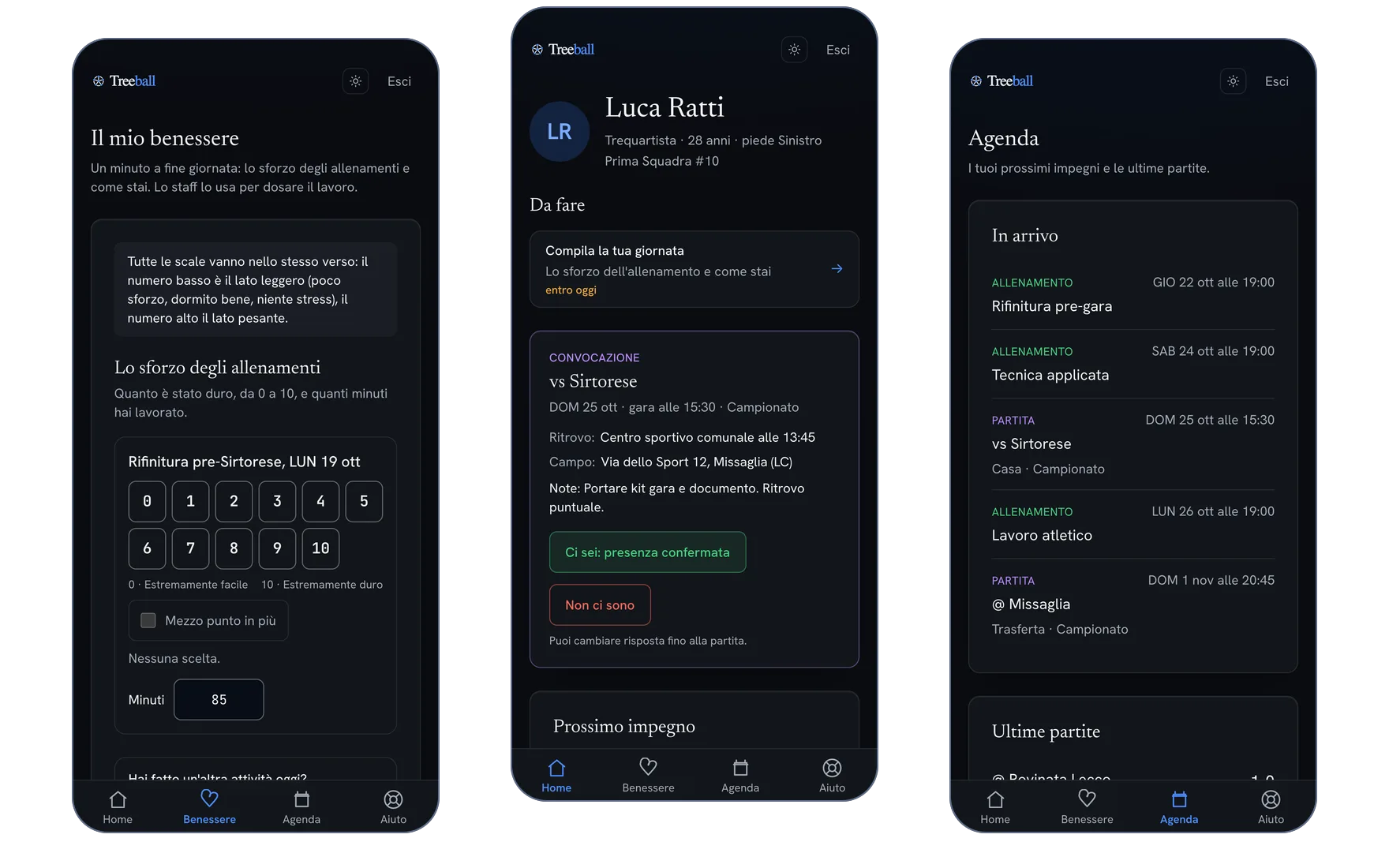 Area giocatori di Treeball su smartphone: benessere, convocazione e agenda